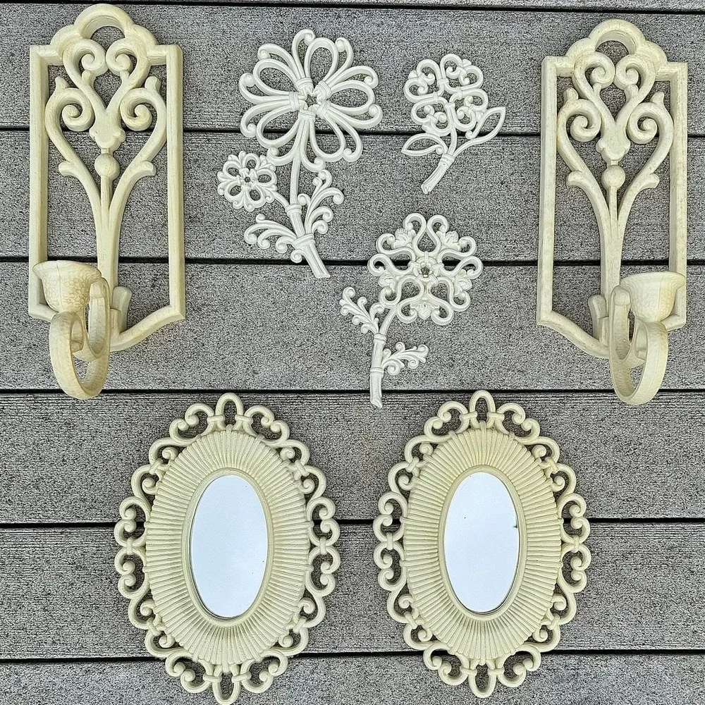 Cream Ornamental Wall Hook and Mirror Set - Decorative Floral Accents